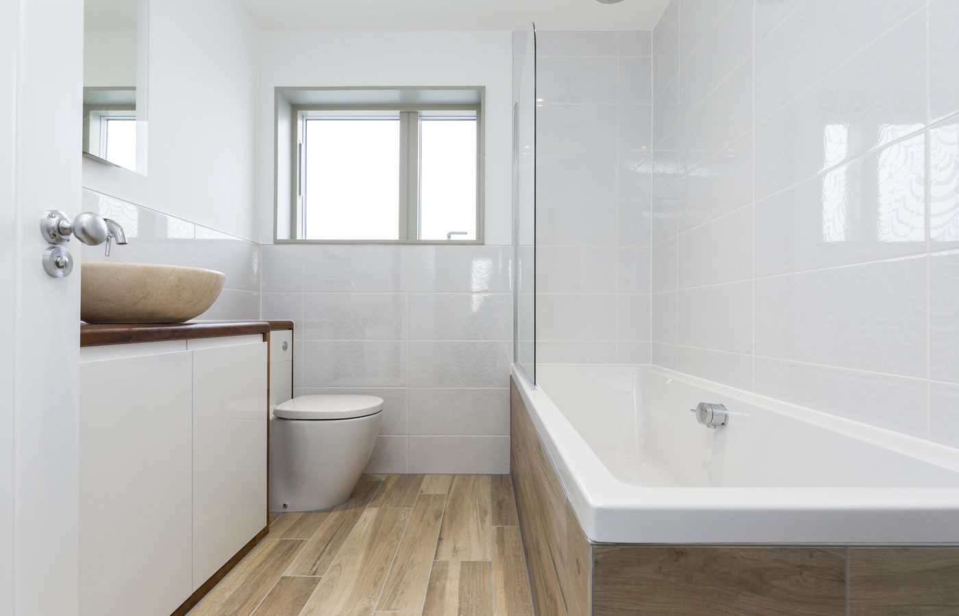 Westcott Construction, Family bathroom with timber effect tiles in Hampshire