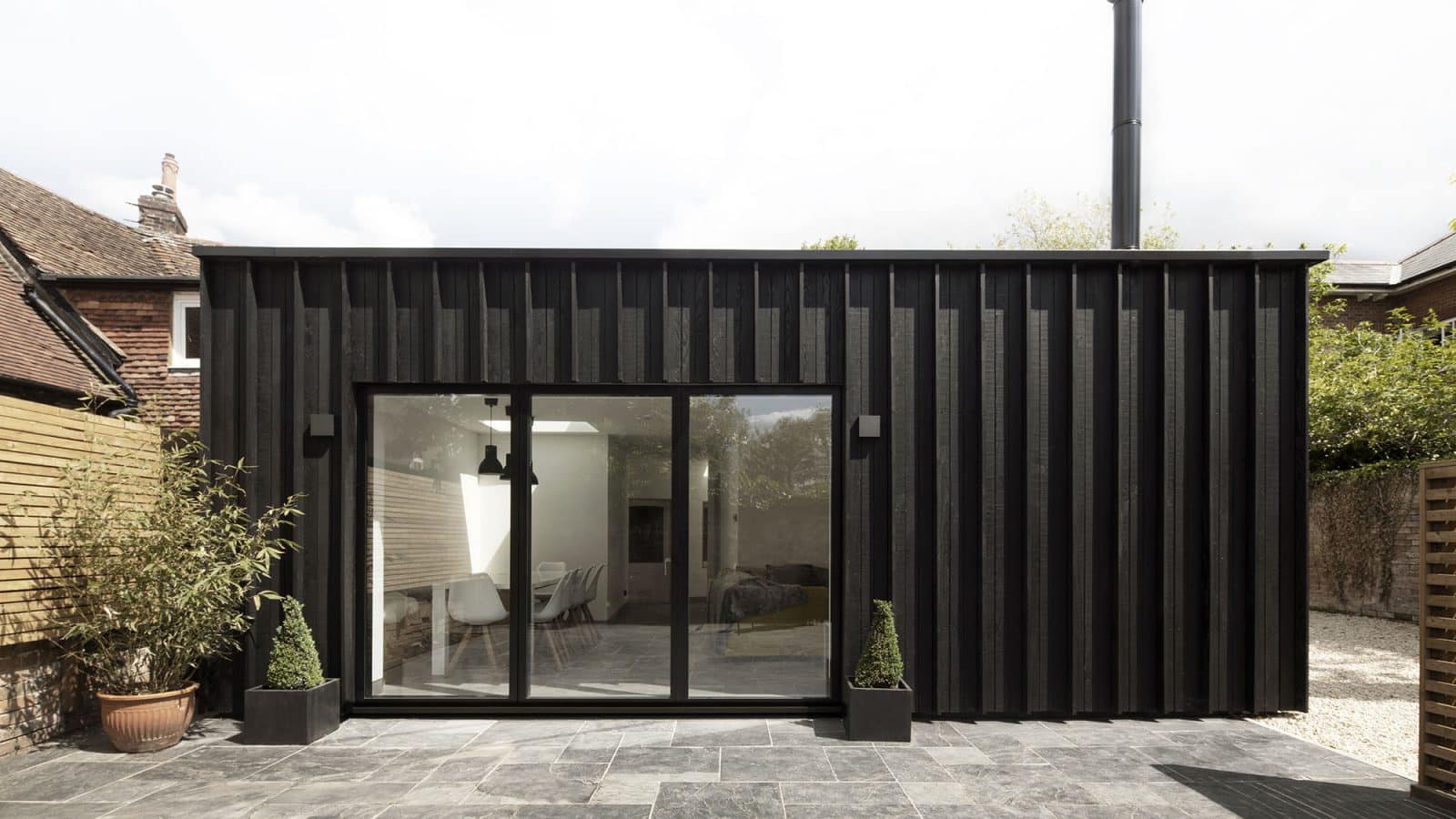 The back view of a house.