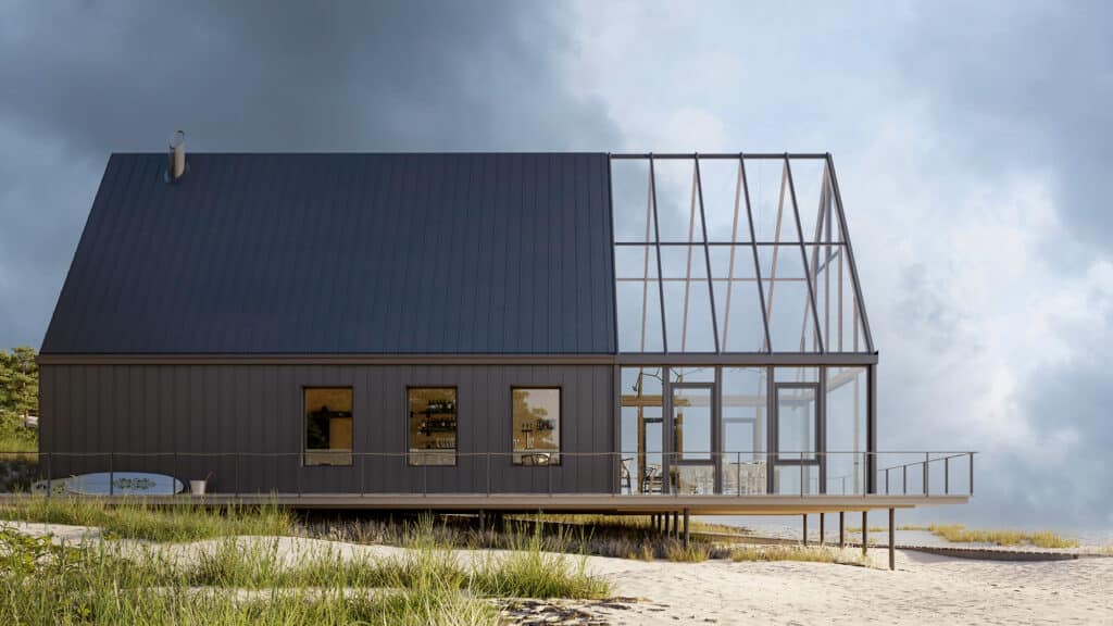 A house with a winter garden that is built on to the beach.
